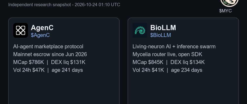 Two Solana Micro-Caps With Working Products: AgenC and BioLLM (Mycelium Research)